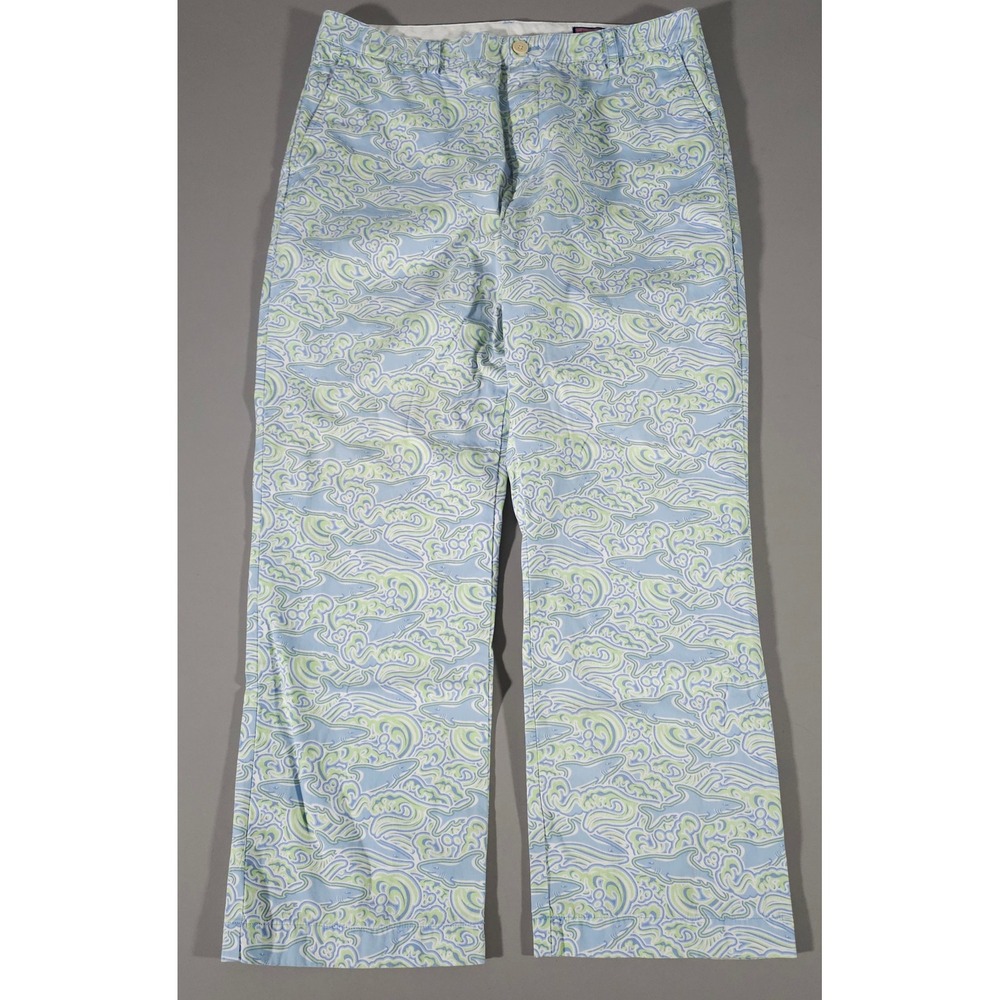 Vineyard Vines Breakers Pant Mens 36x30 Blue Green Shark Wave Print Chino